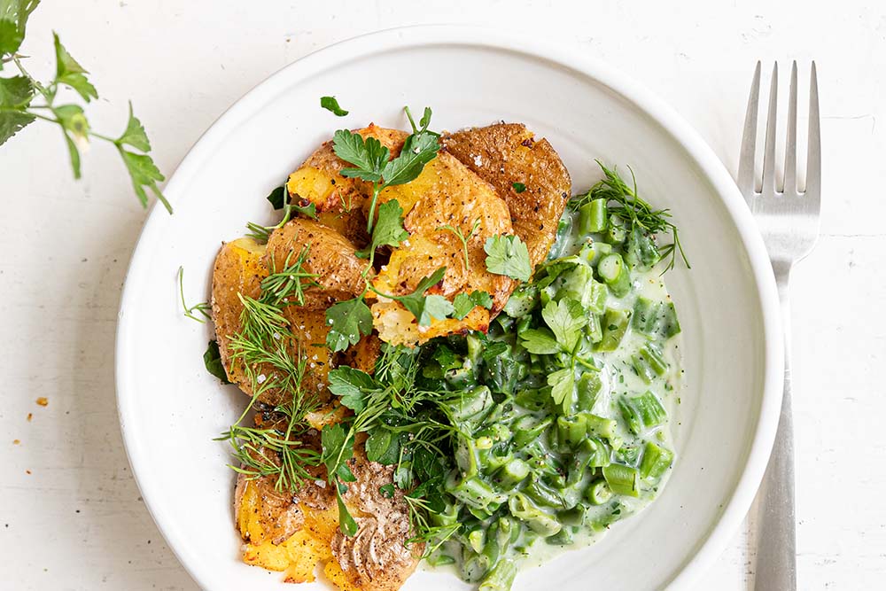 Rahmfisolen mit Smashed Potatoes