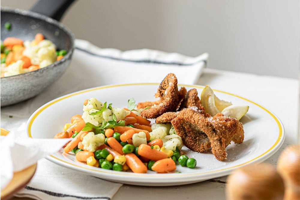 Austernpilz-Schnitzel mit Buttergemüse