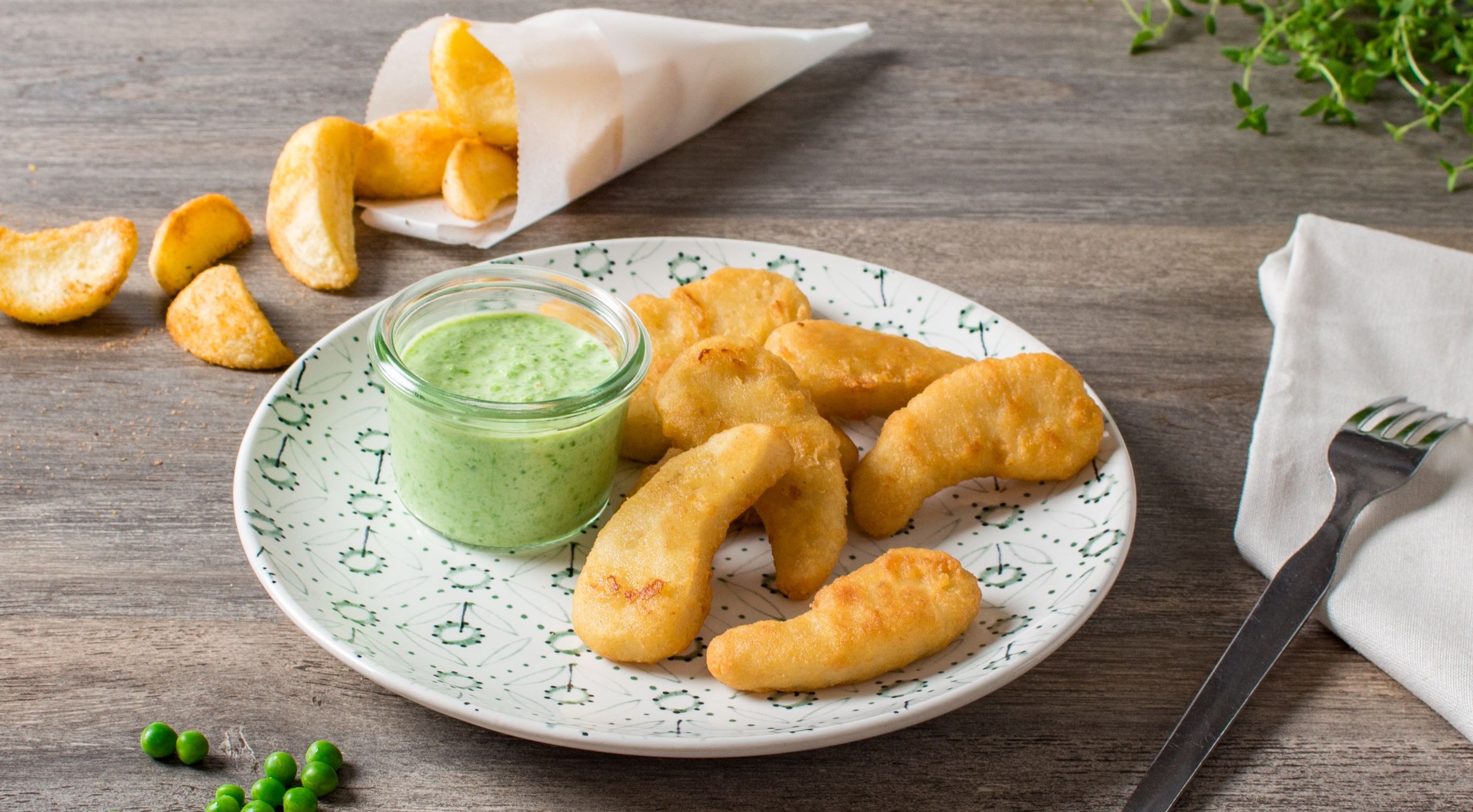 Nuggets Erbsen-Dip und Wedges 