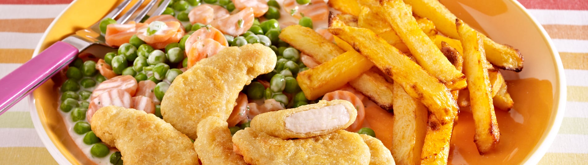 Hühner Dippers mit Gemüse à la Crème Erbsen & Karotten und Iglo Pommes